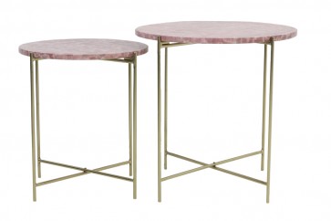 Bočný stolík S/2 Ø45x40+Ø50x50 cm DELON marble pink-gold