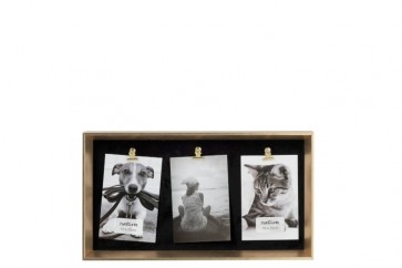 Fotorámik s tromi štipcami, imitácia čiernej kože v zlatom ráme, na tri fotky